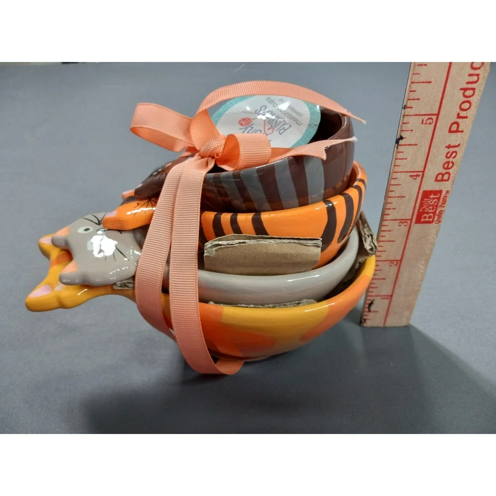 Boston Warehouse Frisky Business Cat Measuring Cups Set of 4 Ceramic Orange Grey